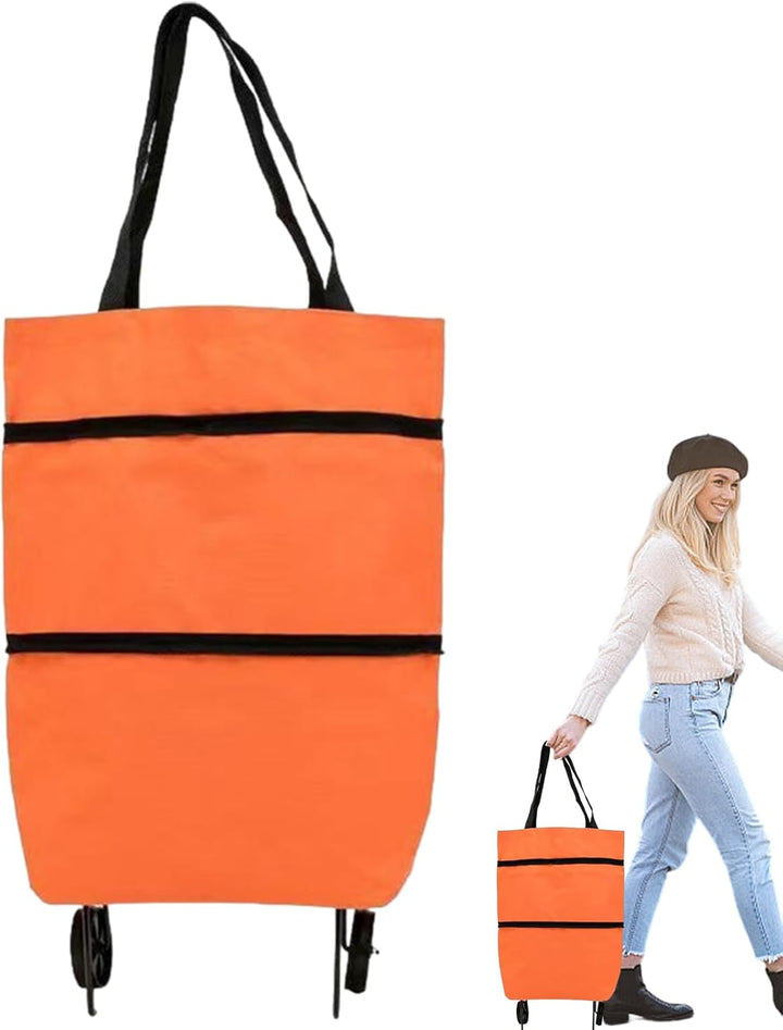 Foldable shopping tote, black, with an adjustable handle, customizable for different heights