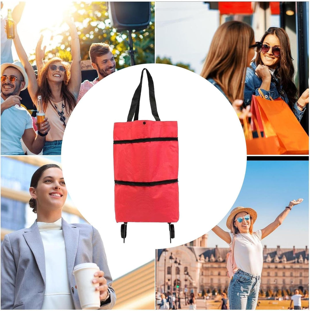Unisex foldable shopping bag, dark blue, with durable wheels and large storage capacity