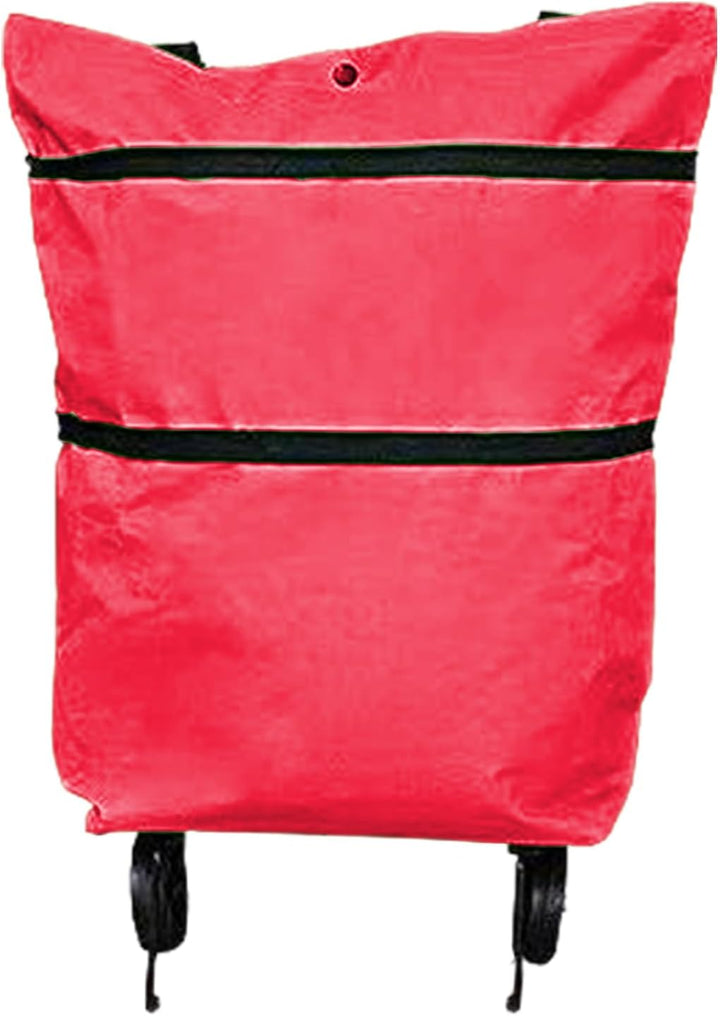Foldable wheeled bag, black, partially folded to demonstrate compact form, eco-friendly design