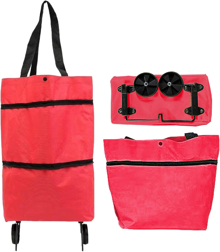 Unisex foldable shopping cart, red, with strong wheels and spacious compartment for groceries