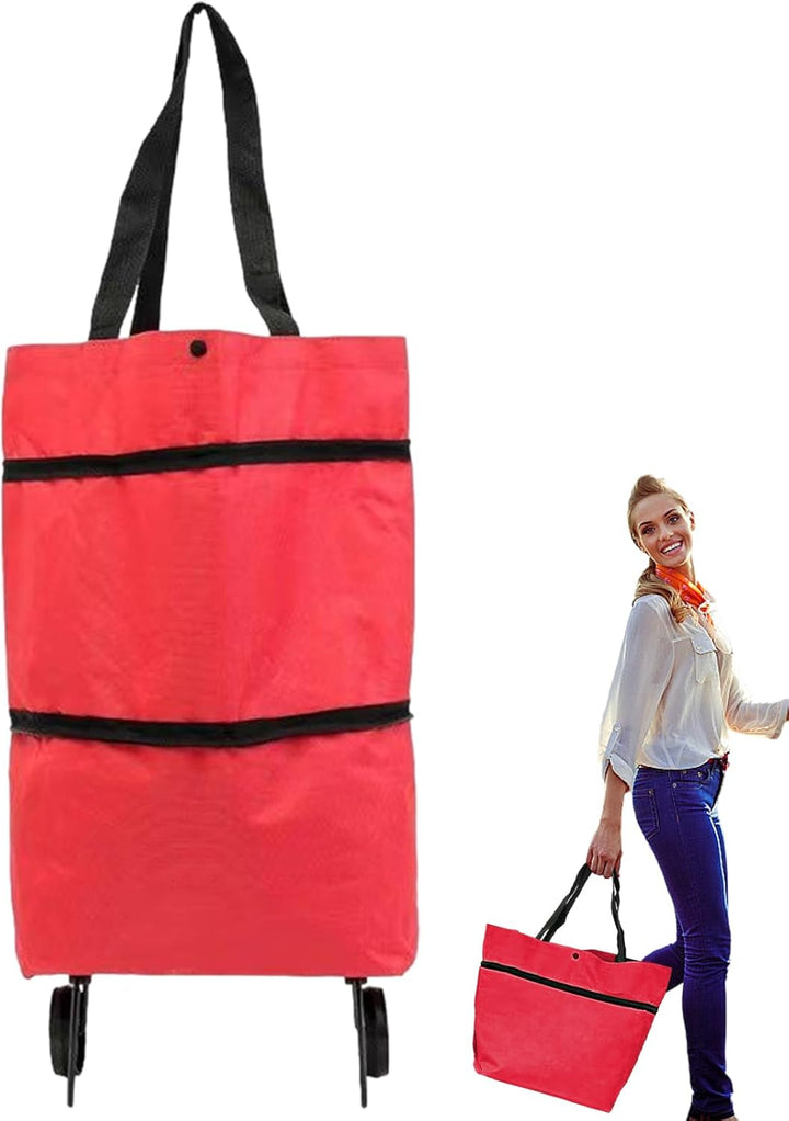 Foldable shopping bag with wheels, blue, beside a grocery cart, highlighting its large capacity