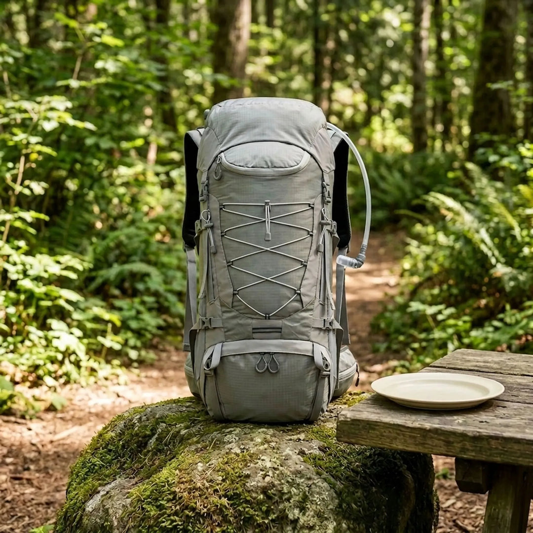 Unisex large capacity hiking backpack for multi-day treks, camping, and outdoor adventures.