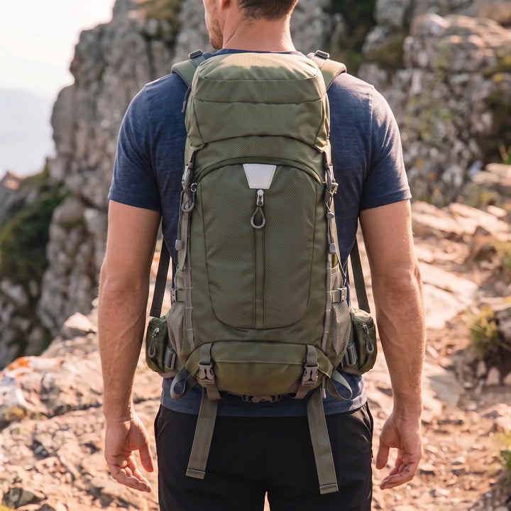 Unisex large capacity hiking backpack in durable nylon, perfect for outdoor travel & camping adventures.