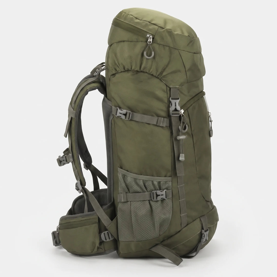 Rugged nylon hiking backpack designed for outdoor adventures, offering comfort & ample storage for camping.