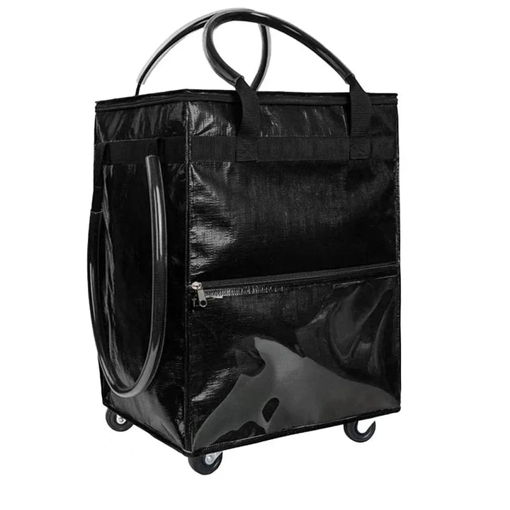 Rollex large capacity wheeled shopping bag, black, standing upright, ready for use, studio shot