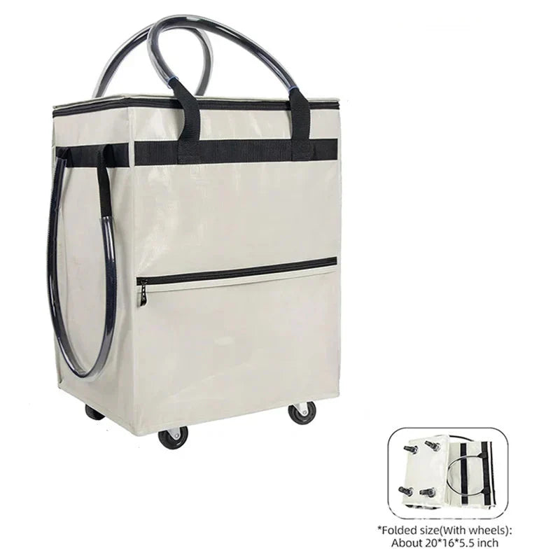 Durable reusable wheeled shopping bag, black, full of groceries, front view, in a supermarket aisle