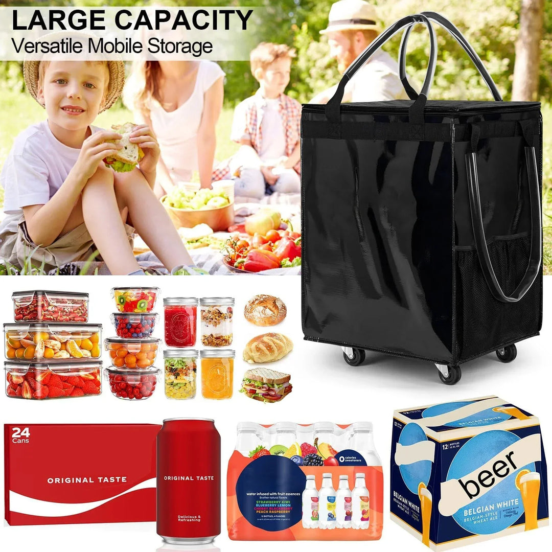 Black rolling shopping cart bag, empty, showing spacious interior and secure zipper closure