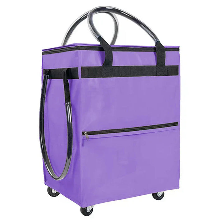 Heavy-duty wheeled reusable bag, black, carrying a full load, demonstrating strength and stability