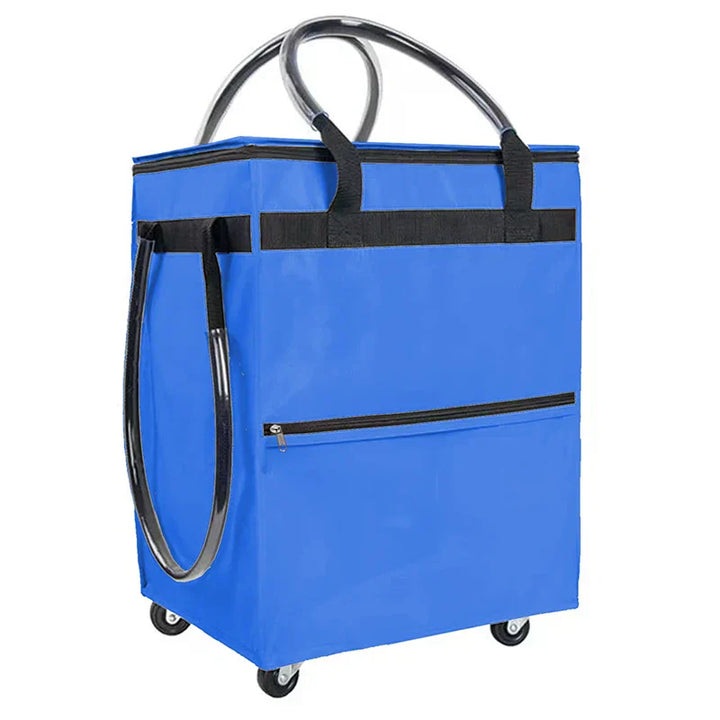 Black shopping bag with wheels, detail of ergonomic handle for comfortable pulling or lifting