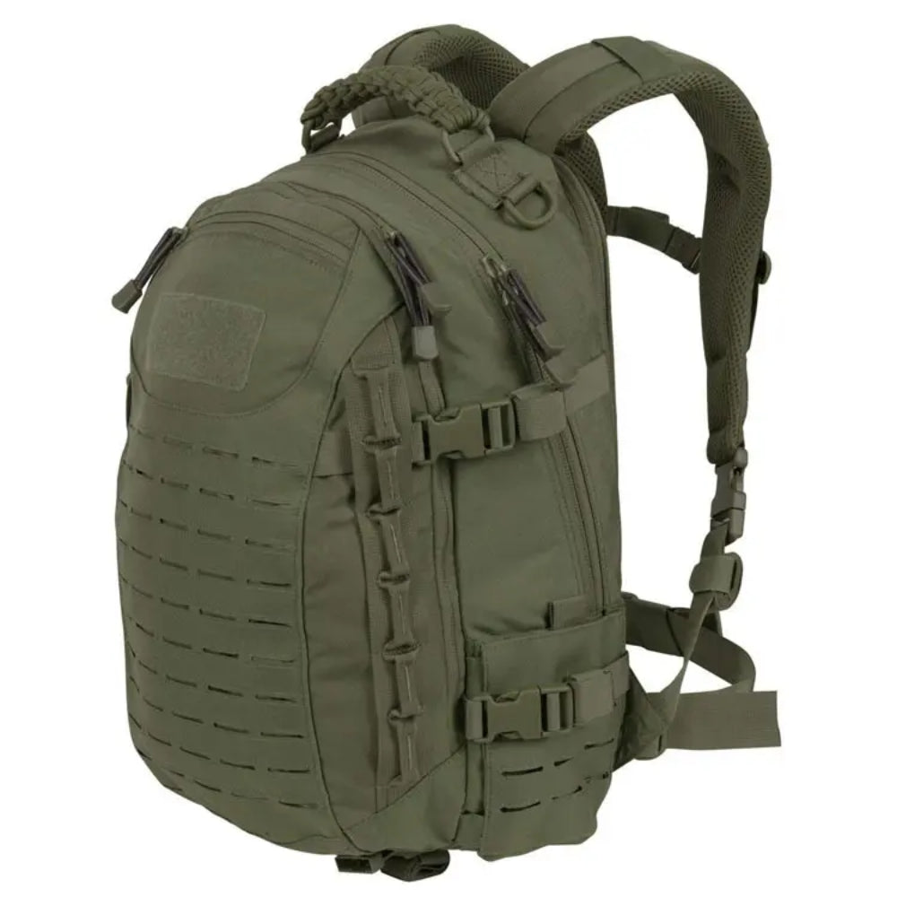 Front view of a black large capacity tactical backpack, ready for outdoor travel, hiking, and camping. Durable & functional.