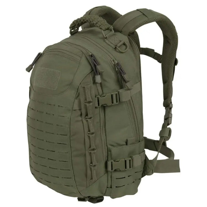 Front view of a black large capacity tactical backpack, ready for outdoor travel, hiking, and camping. Durable & functional.