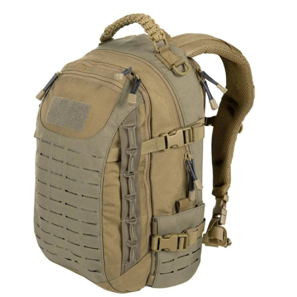 Detail shot of the durable, water-resistant fabric and MOLLE webbing on a large tactical outdoor travel backpack.