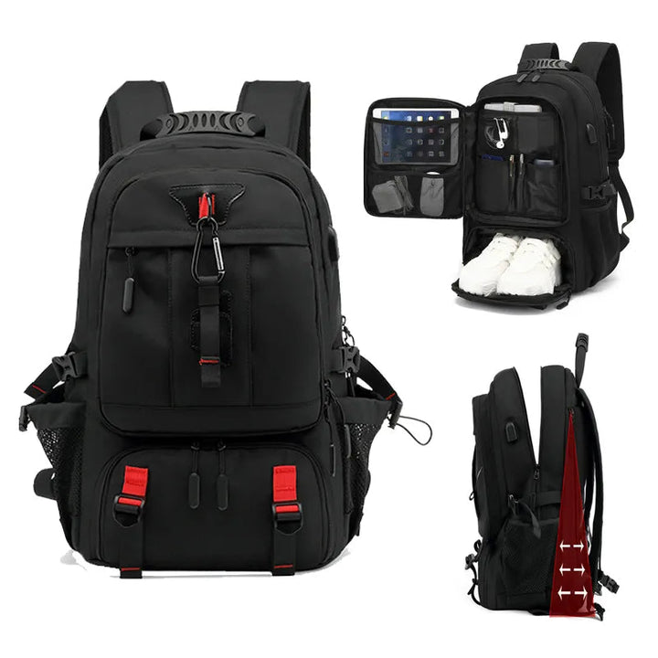 Unisex large capacity travel backpack with USB charging port, ideal for extended trips & adventure.