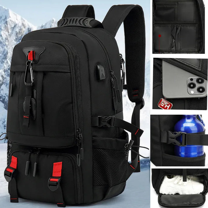 Water-resistant outdoor travel backpack, perfect adventure gear for men & women, with spacious compartments.