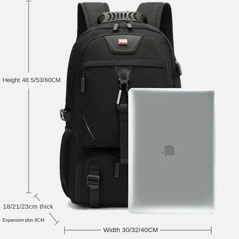 Stylish black large capacity travel backpack with USB charging, water-resistant & durable for all journeys.