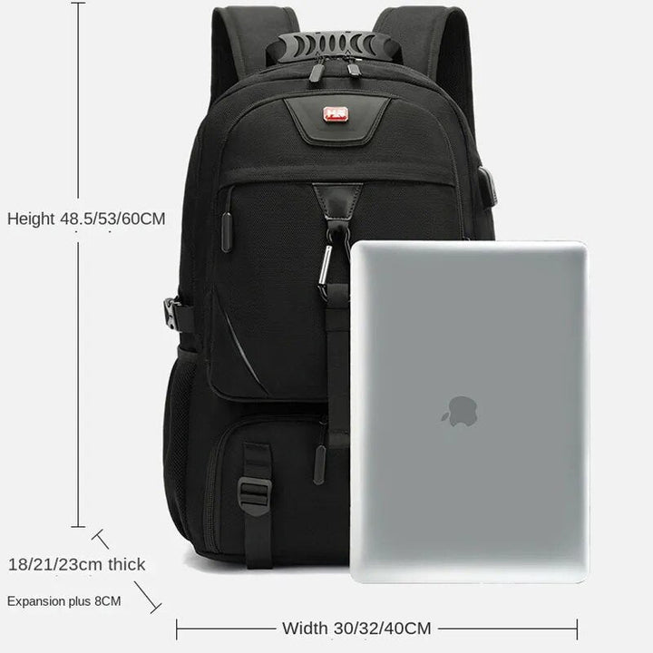 Stylish black large capacity travel backpack with USB charging, water-resistant & durable for all journeys.
