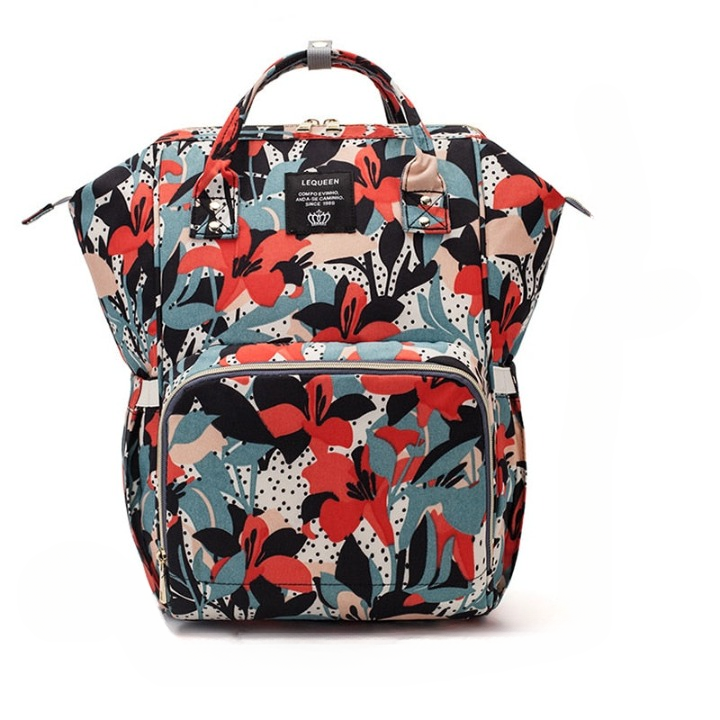 Front view of a sleek, black, large capacity waterproof travel diaper bag
