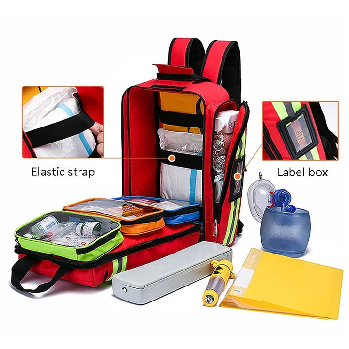 Large first aid & survival backpack for outdoor adventures, emergency preparedness, and rescue operations.