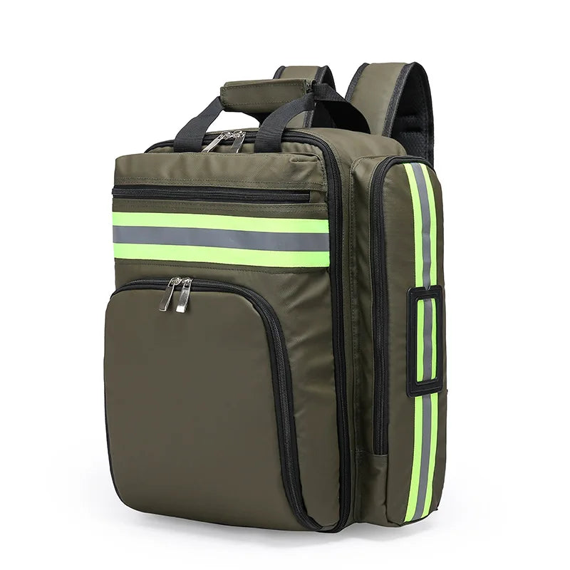 Heavy-duty waterproof backpack, crucial for carrying medical supplies and survival gear in emergencies.