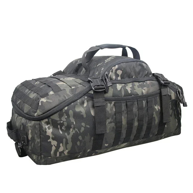 Unisex large tactical travel backpack duffle bag, robust outdoor gear for adventure & camping.