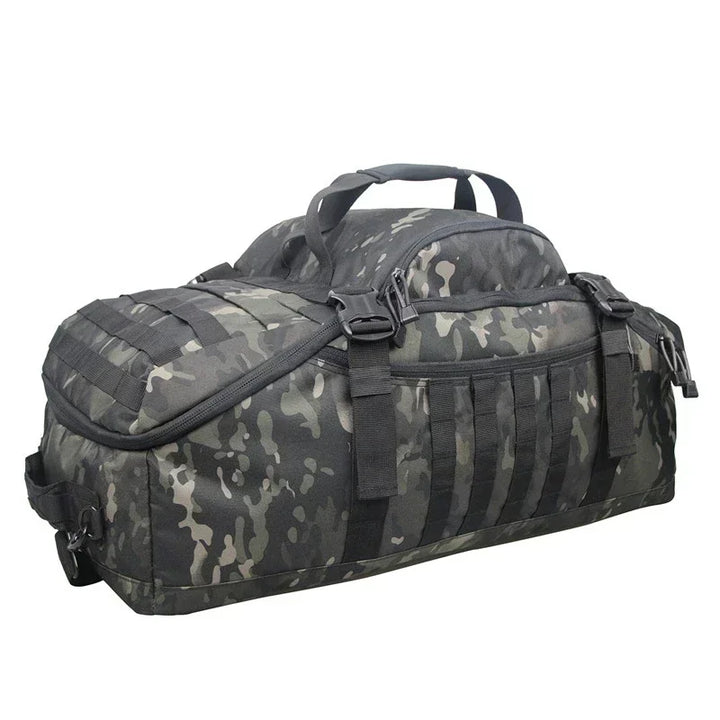 Unisex large tactical travel backpack duffle bag, robust outdoor gear for adventure & camping.