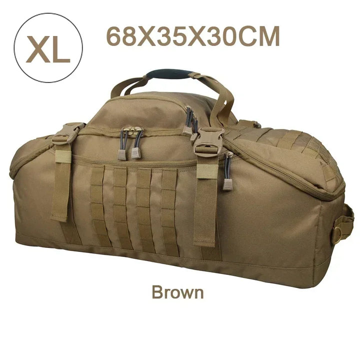 Ergonomic unisex large tactical travel backpack duffle, comfortable for long adventures.