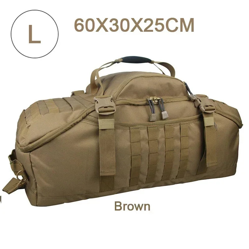 Large tactical duffle bag, ideal travel backpack for adventure enthusiasts, camping & hiking.