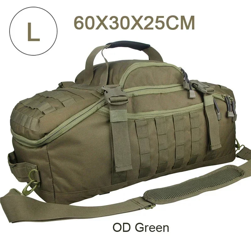 MOLLE system on a large tactical travel backpack duffle, showcasing expandable outdoor gear.