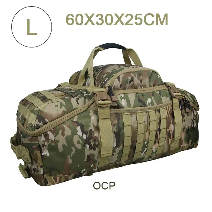 Unisex large capacity tactical duffle bag, perfect travel backpack for organized packing.