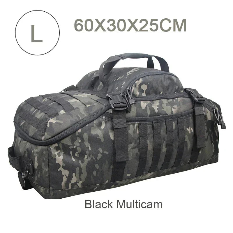 Side view of a large tactical travel duffle backpack, ready for camping and hiking gear.