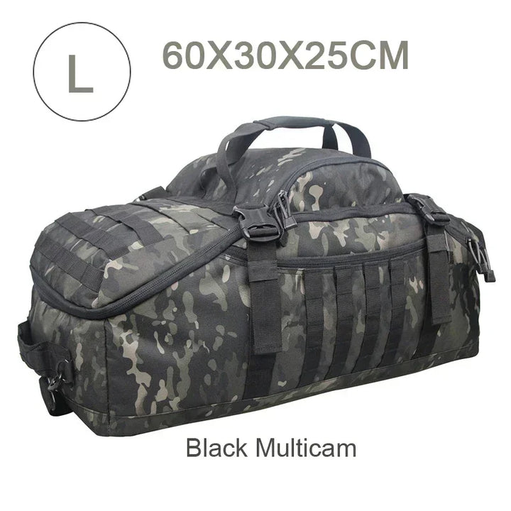 Side view of a large tactical travel duffle backpack, ready for camping and hiking gear.
