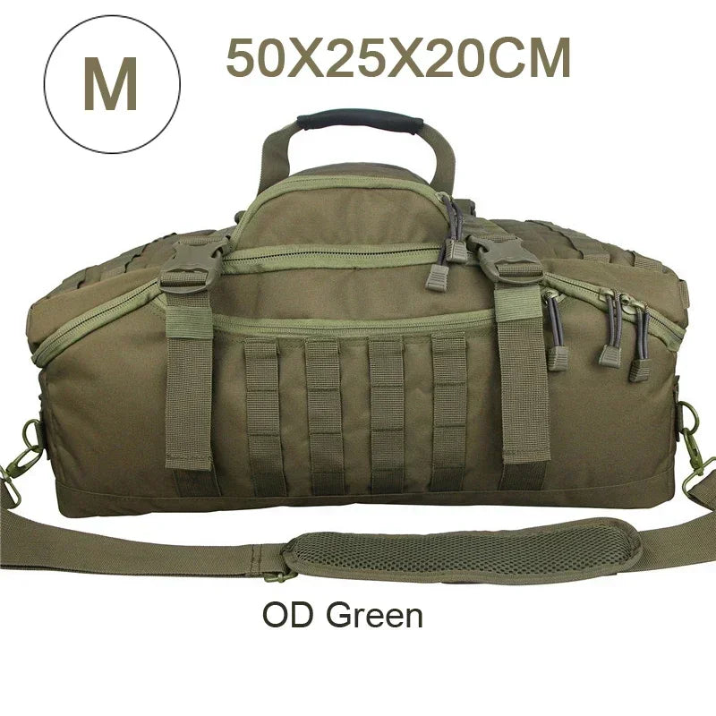 Front view of a robust tactical travel duffle bag, a versatile large unisex backpack.
