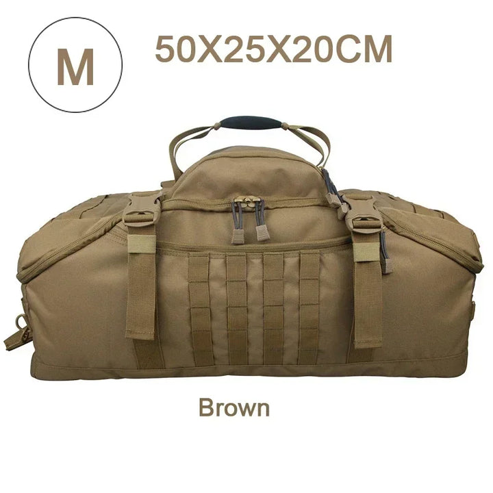 Person wearing a large tactical travel backpack duffle, showcasing comfort for hiking.