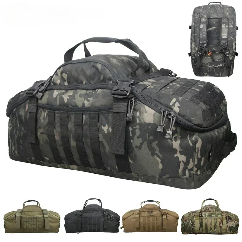 High-capacity tactical duffle backpack, perfect for extensive travel, hiking, & outdoor gear.