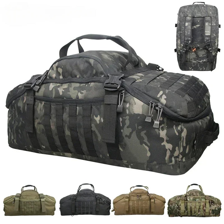 High-capacity tactical duffle backpack, perfect for extensive travel, hiking, & outdoor gear.