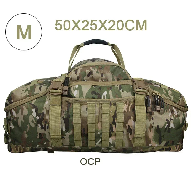 Large tactical travel duffle bag among camping gear, ready for a wilderness adventure.