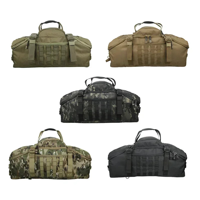 Versatile tactical travel duffle bag, converts to a large backpack for any unisex adventure.