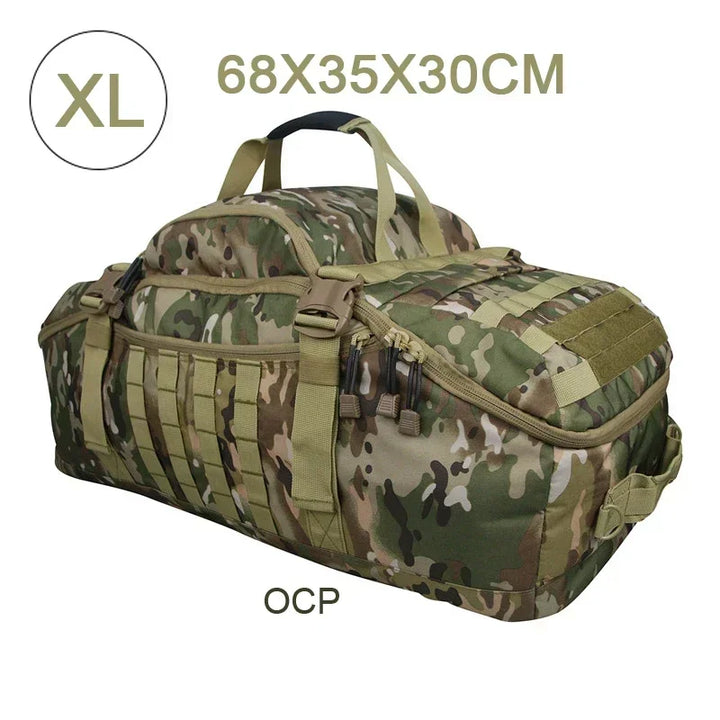 Robust outdoor gear: large tactical travel duffle bag, perfect for hiking and camping trips.