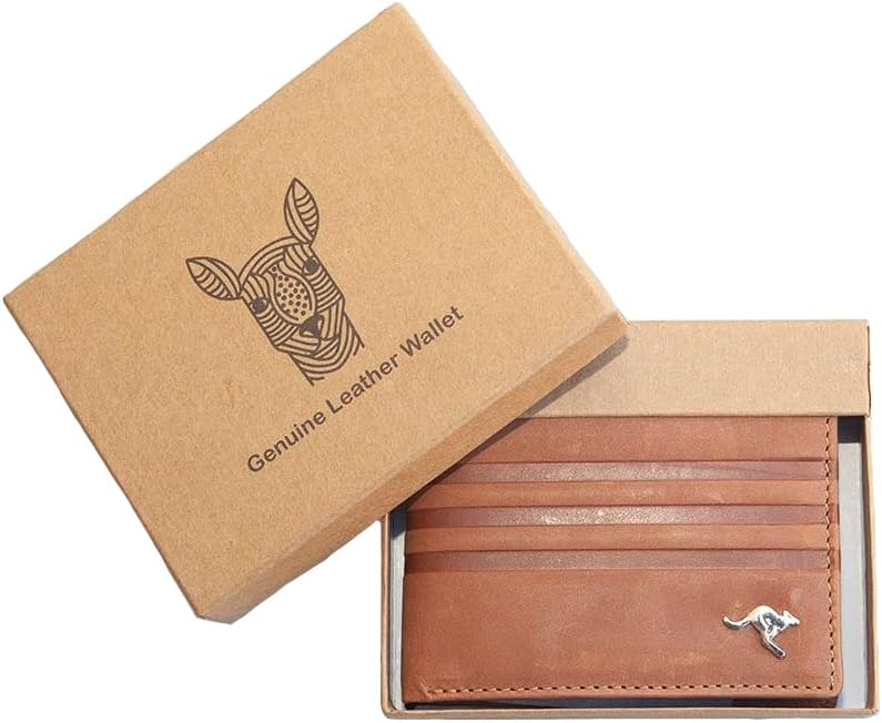 Brown leather bifold wallet with kangaroo, includes card holder and coin pouch, presented in a gift box