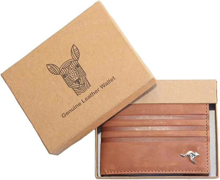 Brown leather bifold wallet with kangaroo, includes card holder and coin pouch, presented in a gift box