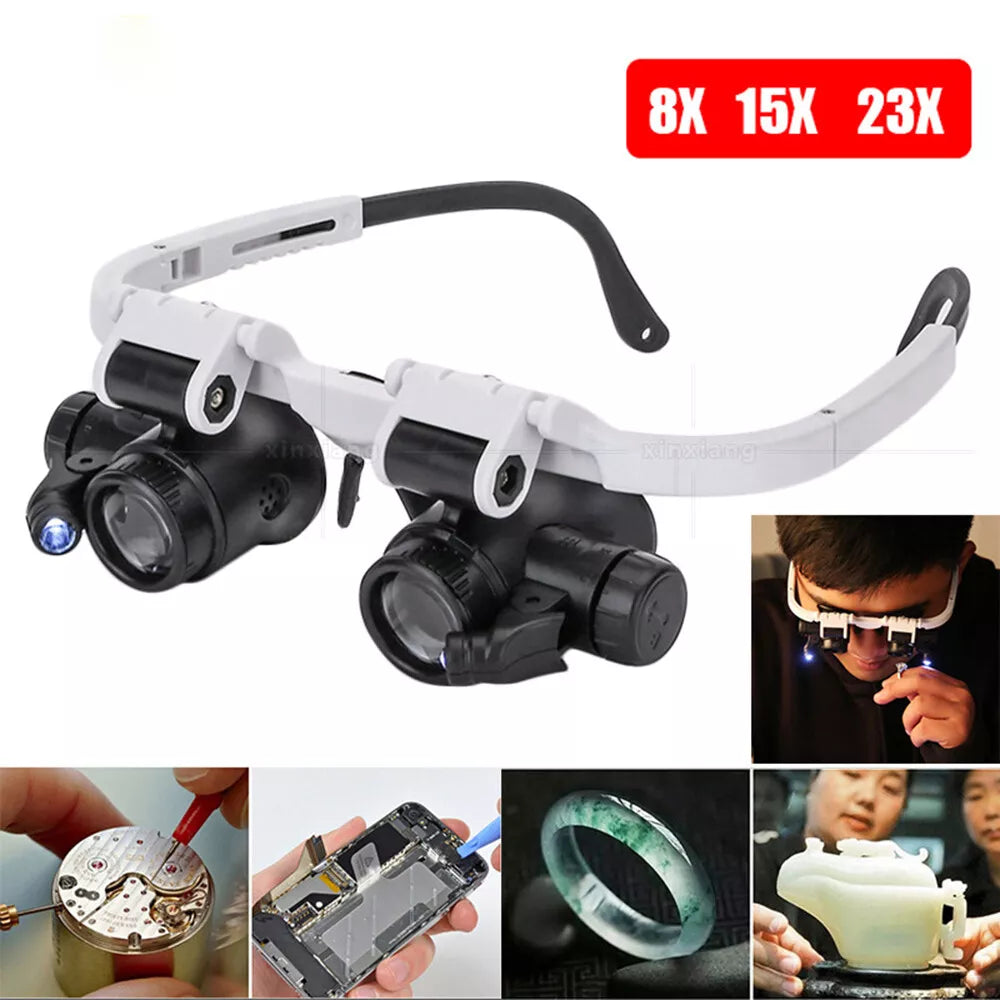 Adjustable headband magnifier with bright LED lights, offering 8x, 15x, and 23x magnification for detailed work.