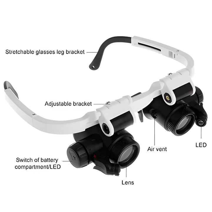 Dual-lens LED magnifying headset with 8x, 15x, 23x for detailed reading, soldering & hobby projects.
