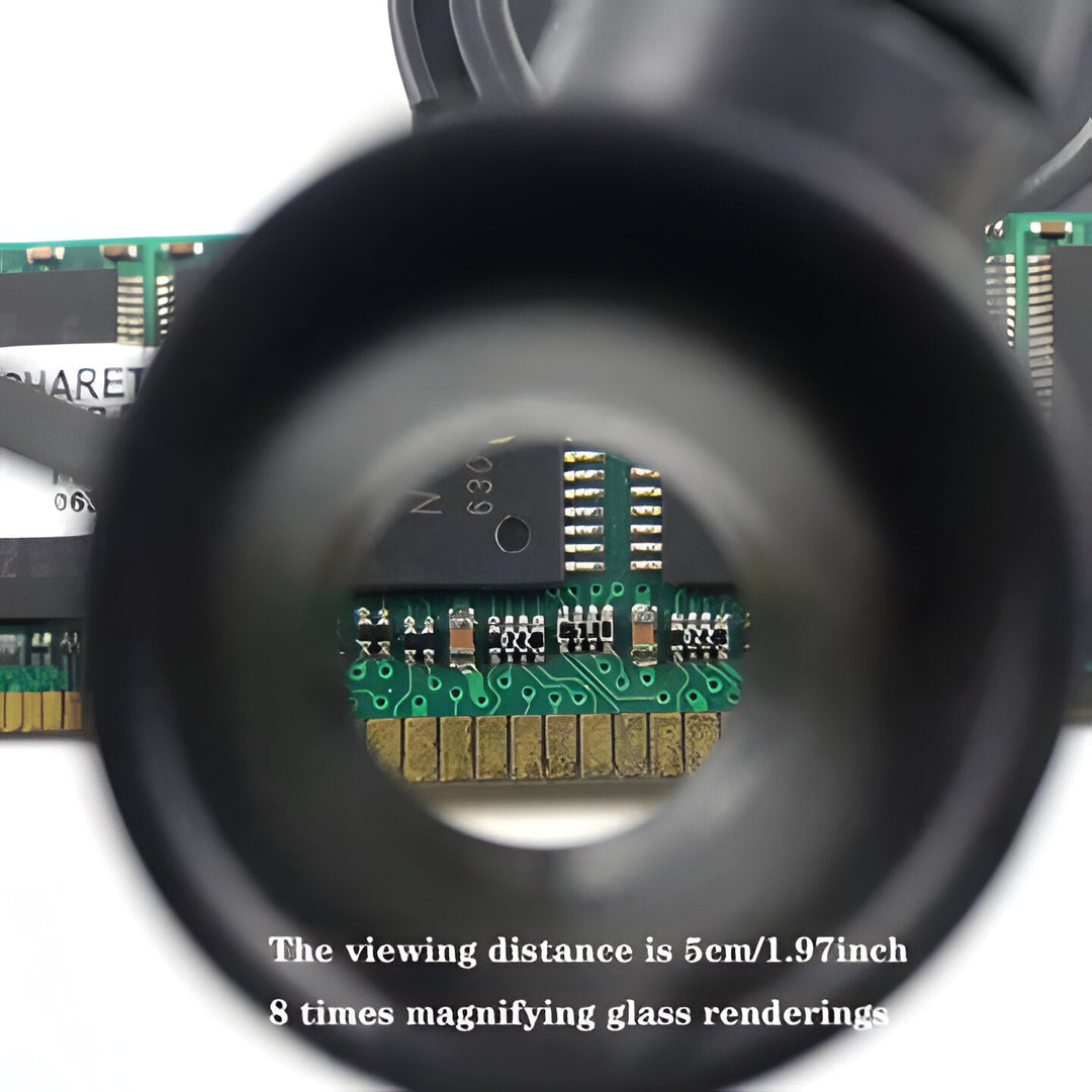 Compact LED head-mounted magnifying tool, essential for electronics repair, model building & artistic crafts.