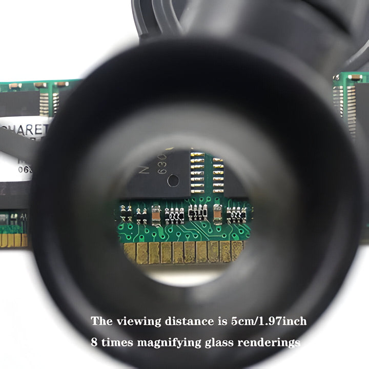 Compact LED head-mounted magnifying tool, essential for electronics repair, model building & artistic crafts.