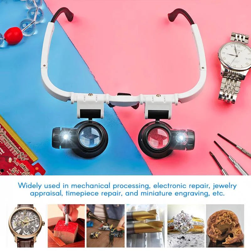 Hands-free LED magnifying glasses, unisex design, with switchable 8x, 15x, 23x precision lenses.