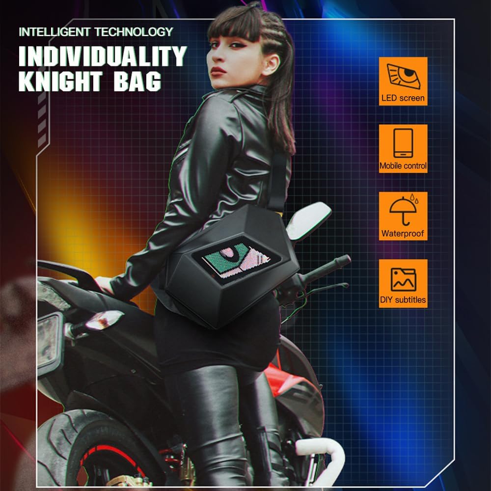 Front view of black LED motorcycle crossbody bag showing personalized illuminated display.