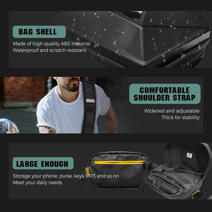 Close-up of programmable LED display on a waterproof motorcycle crossbody commuter bag.