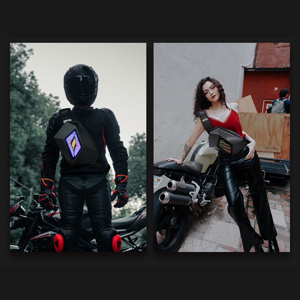 Side profile of LED motorcycle crossbody bag, showcasing sleek design & ample storage.