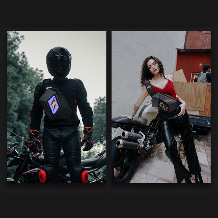 Side profile of LED motorcycle crossbody bag, showcasing sleek design & ample storage.