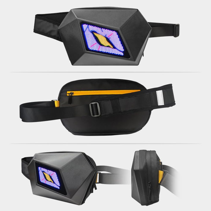 Back view of ergonomic LED motorcycle crossbody bag, designed for comfortable, secure wear.